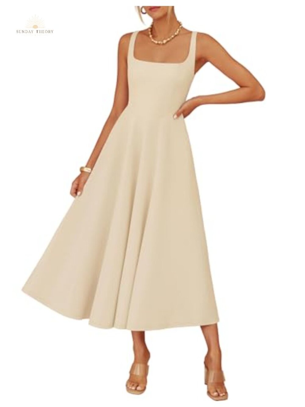 Sleeveless Square Neck A Line Midi Dress with Pockets